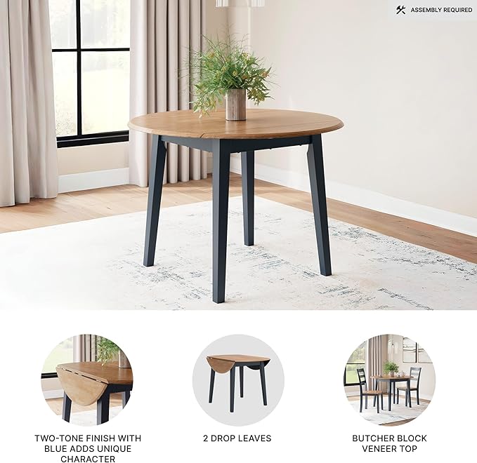 Signature Design by Ashley Gesthaven Modern Dining Drop Leaf Table with 4 Legs, Light Brown & Blue