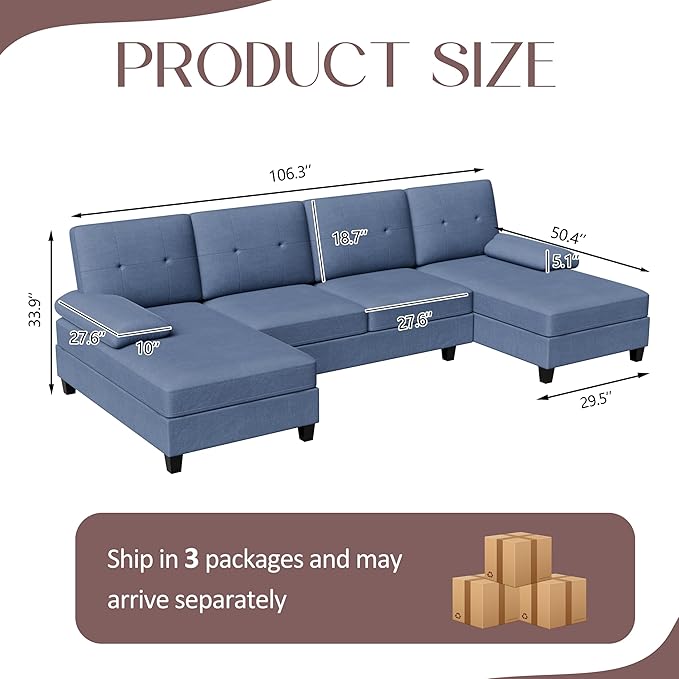 Shintenchi U-Shaped Sectional Couches for Living Room, 4 Seat Sofa with Double Chaise Lounges,Solid Wood Frame Sectional Sofa for Apartment,Blue