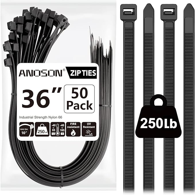 Large Zip Ties 36 inch (50 Pack), Long Zip Ties Heavy Duty with 250 lb Tensile Strength, Big Cable Ties, Black, by ANOSON