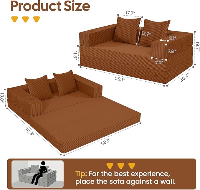 COMAX Futon Sofa Bed, 4‑in‑1 Convertible Sofa Bed, Folding Boneless Couches for Living Room, Fold Out Small Foldable Loveseat Floor Sleeper Comfy Mattress Lounge Space‑Saving, Orange