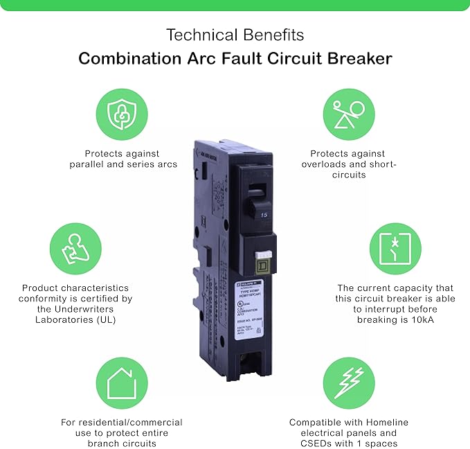 Square D by Schneider Electric Homeline 15 Amp Mini Circuit Breaker, 1 Pole, 120V AC, 10kA Breaking Capacity, Plug in Mount, CAFI/CAFCI, Residential Use (HOM115PCAFIC)