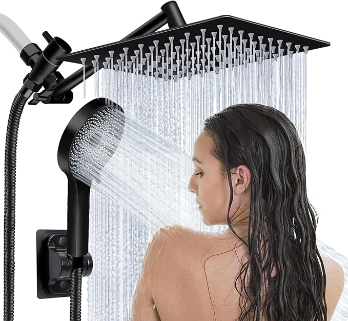 Shower Head,8”Rain Shower Head with Handheld Spray Combo and Adjustable Extension Arm/3-Way Flow Regulator/Shower System,High Pressure Rain Fall Hose,Matt Black