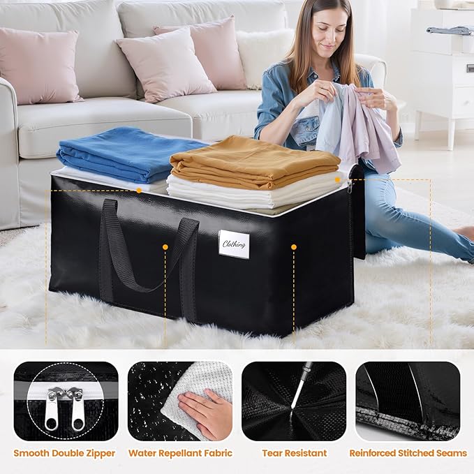 Heavy-Duty & Extra Capacity Moving Bags with Backpack Straps, Storage Totes with Double Zipper & Strong Handles, Packing Bags Alternative to Moving Boxes, Moving Supplies (10 Pack, Black)