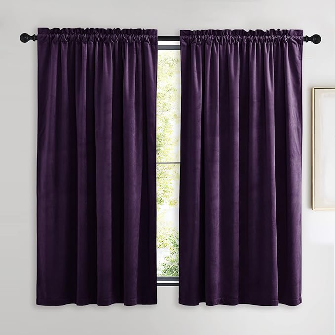NICETOWN Purple Velvet Curtains 63 inches for Bedroom, Sound Reducing Heavy-Duty Solid Rod Pocket Light Blocking Drapes/Panels for Kitchen (Navy Blue, 2 Panels, 52 inches Wide Each Panel)