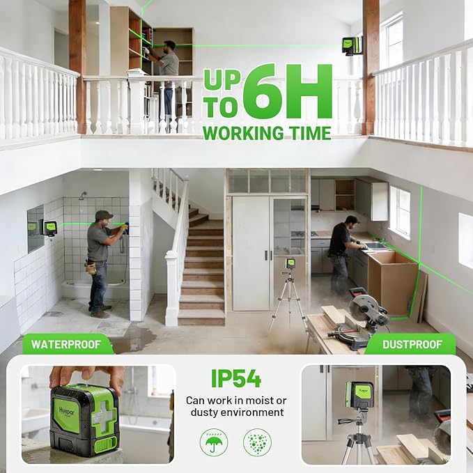 Huepar Laser Level with Tripod,100Ft Self Leveling Green Cross Line Laser for Picture Hanging, Tile, Decoration & DIY Construction – AA Battery&Picture Hanging Strips, Indoor Use