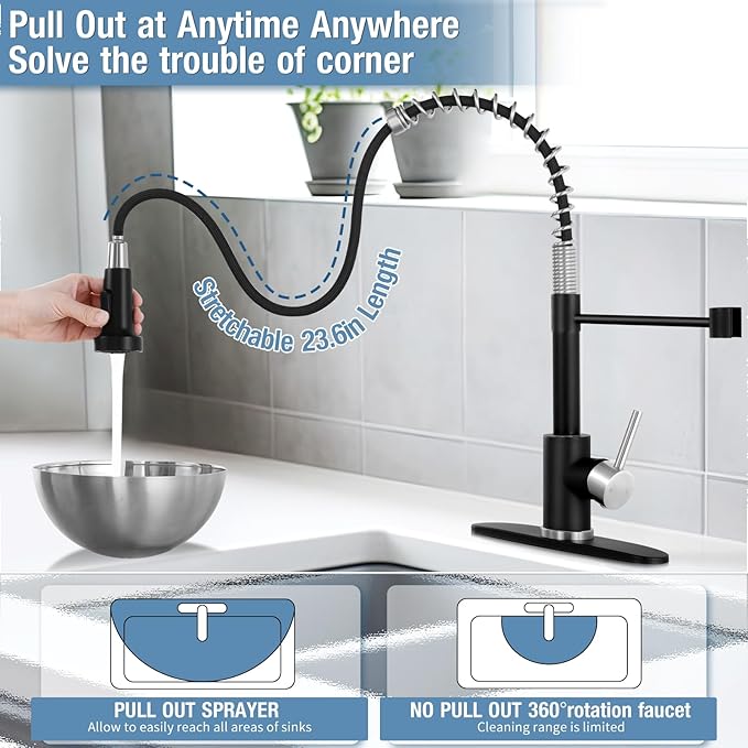 DJS Kitchen Faucets with Pull Down Sprayer Matte Black & Brushed Nickel - Single Handle 1 or 3 Holes Spring Kitchen Sink Faucet with Deck Plate for Farmhouse RV Vessel Basin
