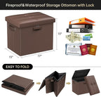 DocSafe Storage Ottoman Foot Rest Stool with Lock ＆ Handle, Fireproof Folding Leather Footstool Bench with Storage Safe for Living Room Bedroom, Home Office, Dorm, 17x13x13in, Brown