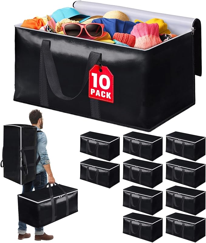 Heavy-Duty & Extra Capacity Moving Bags with Backpack Straps, Storage Totes with Double Zipper & Strong Handles, Packing Bags Alternative to Moving Boxes, Moving Supplies (10 Pack, Black)