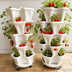 Strawberry Planters, 3 Tiered Vertical Stackable Planter, Herb Stacking Tower Garden, Flower Vegetable Planters with Support Pole, Indoor & Outdoor with Removable Wheels - Dark Grey