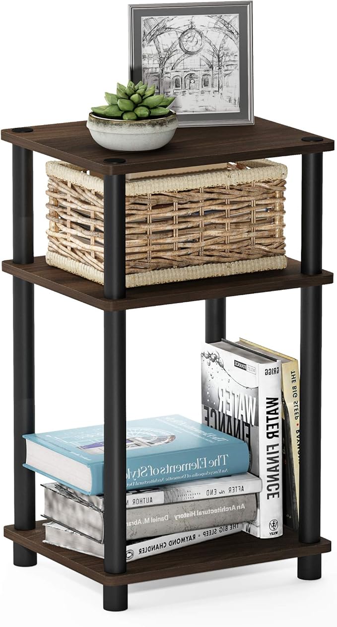 Furinno JUST Side Table, 3-Tier End Table, Open Shelves Night Stand, Bedside Table, Toolless Assembly, for Living Room, Bedroom, Bathroom, Columbia Walnut