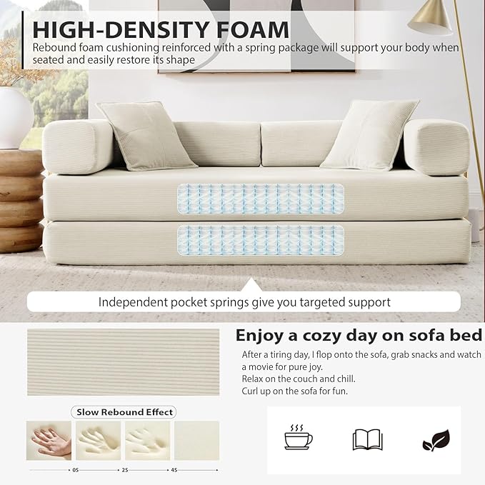 4-in-1 Folding Convertible Sofa Bed, 78 Inch Boneless Couch with Fixed-Shape Frame, Corduroy Loveseat Sleeper with Pull Out Bed, Floor Sofa Modular Futon Couch for Living Room Bedroom Lounge (Beige)