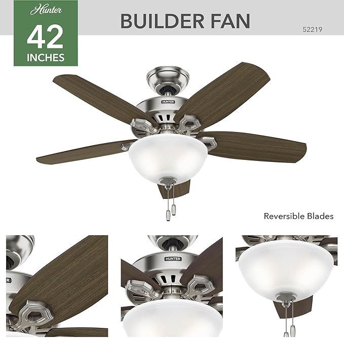 Hunter 42 inch Indoor Ceiling Fan with LED Light - Ceiling Fan with Pull Chain, For Bedroom or Living Room, Standard Mount, No Remote, 5 Blades, Includes Bulbs - Builder 52219, Brushed Nickel