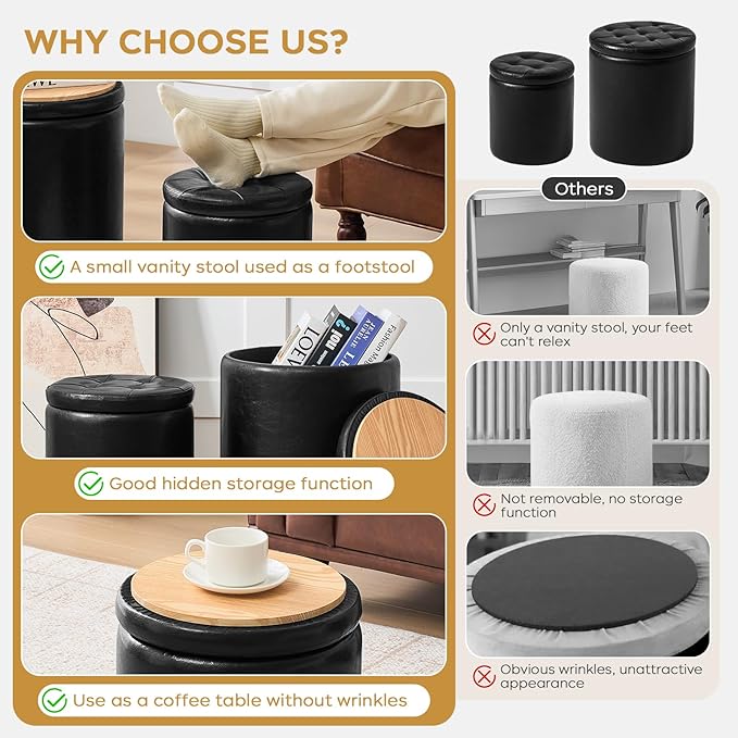 Round Ottoman with Storage Set of 2, 12.6" W x 14.17" H & 14.76" W x 17.32" H Faux Leather Storage Ottoman for Living Room Bedroom, Small Coffee Table Padded Ottoman, Black