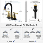 Bathroom Faucets for Sink 3 Hole, Hurran 4 inch Black and Gold Bathroom Sink Faucet with Pop-up Drain and Supply Hoses, Stainless Steel Lead-Free Centerset Faucets for Vanity RV