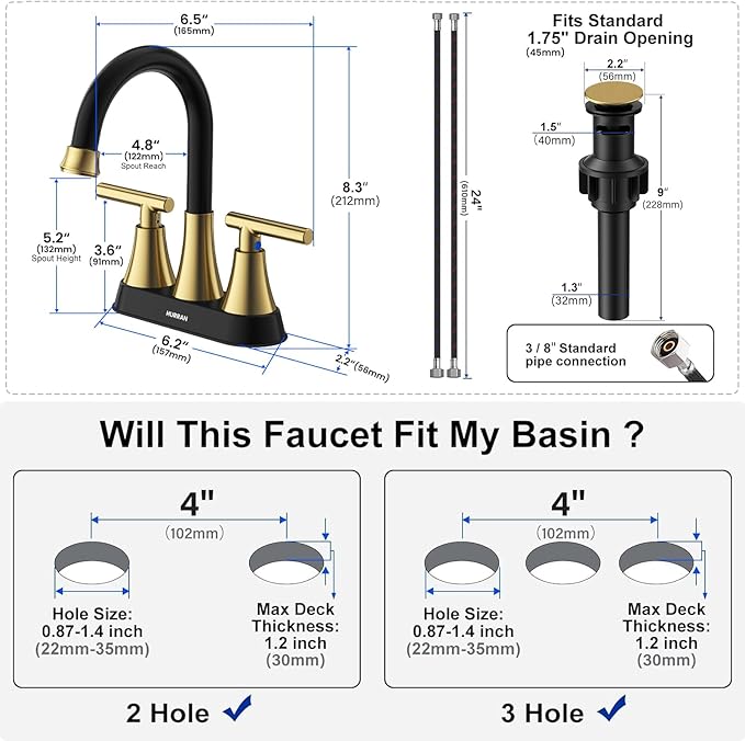Bathroom Faucets for Sink 3 Hole, Hurran 4 inch Black and Gold Bathroom Sink Faucet with Pop-up Drain and Supply Hoses, Stainless Steel Lead-Free Centerset Faucets for Vanity RV