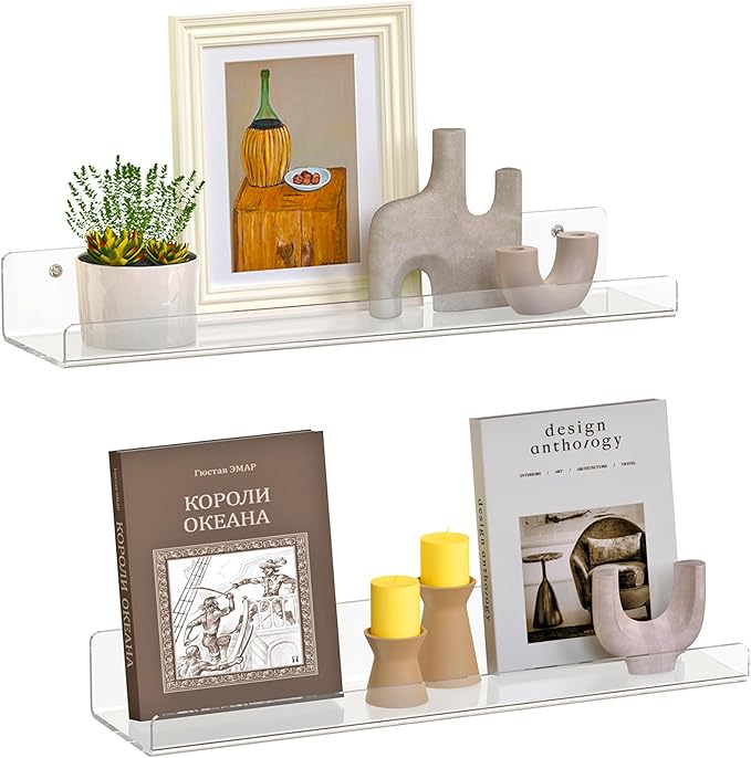 2 Pack Floating Shelves for Wall, 15" Clear Book Shelf, Acrylic Floating Wall Shelf, Display Shelves Organizer for Bathroom, Classroom, Bedroom, Living Room, Kitchen, Room Decor
