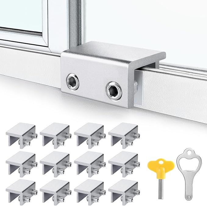 ZRFCXE Window Locks,12 Pack Sliding Window Locks with Key for Vertical & Horizontal Sliding Windows Doors,Easv to Install,Adjustable Security Window Lock for Patio Bedroom Home and Office (Silver)