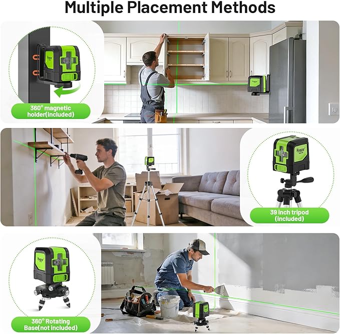 Huepar Laser Level with Tripod,100Ft Self Leveling Green Cross Line Laser for Picture Hanging, Tile, Decoration & DIY Construction – AA Battery&Picture Hanging Strips, Indoor Use