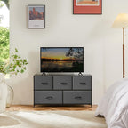 Dresser for Bedroom with 5 Drawers, Anti-Tip Wide Fabric Chests Storage Organizer Tower Furniture, TV Stand for TV up to 45 inch with Wooden Top Metal Frame for Clothes, Living Room, Hallway, Entryway