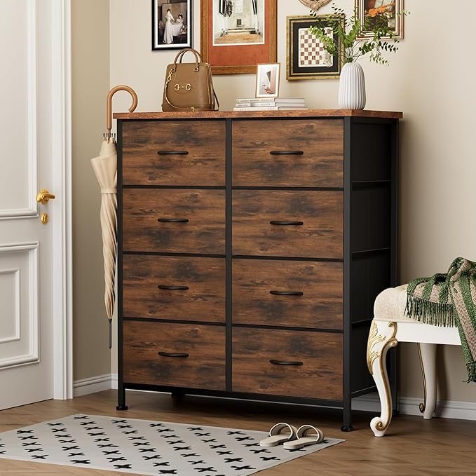 Dresser for Bedroom with 8 Drawers, Anti-Tip Tall Fabric Chests Storage Organizer Tower Furniture with Wooden Top Metal Frame for Clothes, Closet, Living Room, Hallway, Entryway
