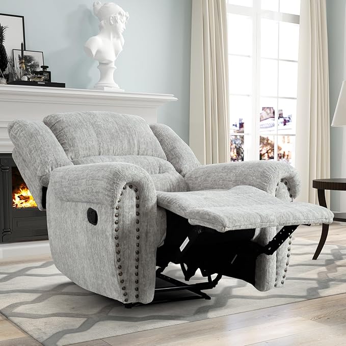 CANMOV Manual Recliner Chair Set of 2, Classic and Traditional Manual Recliner Chair with Comfortable Arms and Back Single Sofa for Living Room, White Grey