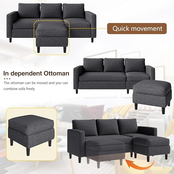 JAMFLY 73.6" Modular Sectional Sofa with Ottoman for Small Apartments, Reversible L-Shaped Couch for Compact Living Rooms, Linen Fabric 3-Seater Set for Studio & Office Nap, Black