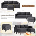 JAMFLY 73.6" Modular Sectional Sofa with Ottoman for Small Apartments, Reversible L-Shaped Couch for Compact Living Rooms, Linen Fabric 3-Seater Set for Studio & Office Nap, Black
