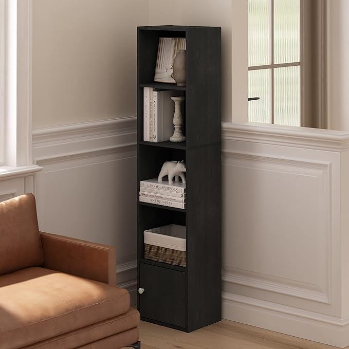Furinno LUDER Book Shelf, 5-Tier Modern Bookshelf, Bookcase with 1 Door Storage Cabinet, 9.3 x 12 x 52,for Organization and Storage, for Living Room, Bedroom, Home Office, Blackwood