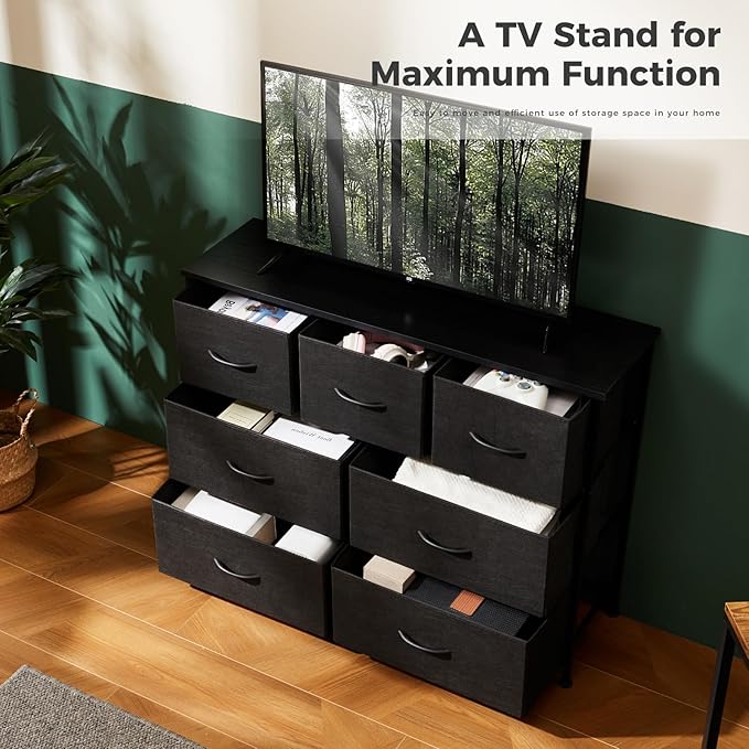 Dresser for Bedroom with 7 Drawers, Anti-Tip Wide Fabric Chests Storage Organizer Tower Furniture, TV Stand for TV up to 45 inch with Wooden Top Metal Frame for Clothes, Living Room, Hallway, Entryway