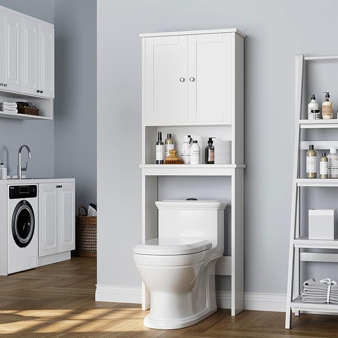 Meilocar Over The Toilet Storage Cabinet, Bathroom Storage Organizer Over Toilet, Space Saver W/Adjustable Shelf & Open Shelf, White