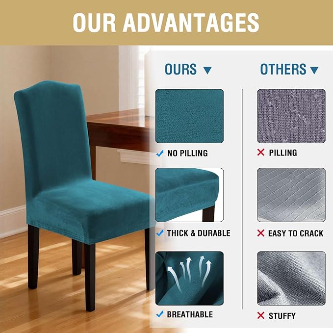 H.VERSAILTEX Velvet Dining Chair Covers Stretch Chair Covers for Dining Room Set of 6 Parson Chair Slipcovers Chair Protectors Covers Dining, Soft Thick Solid Velvet Fabric Washable, Deep Teal