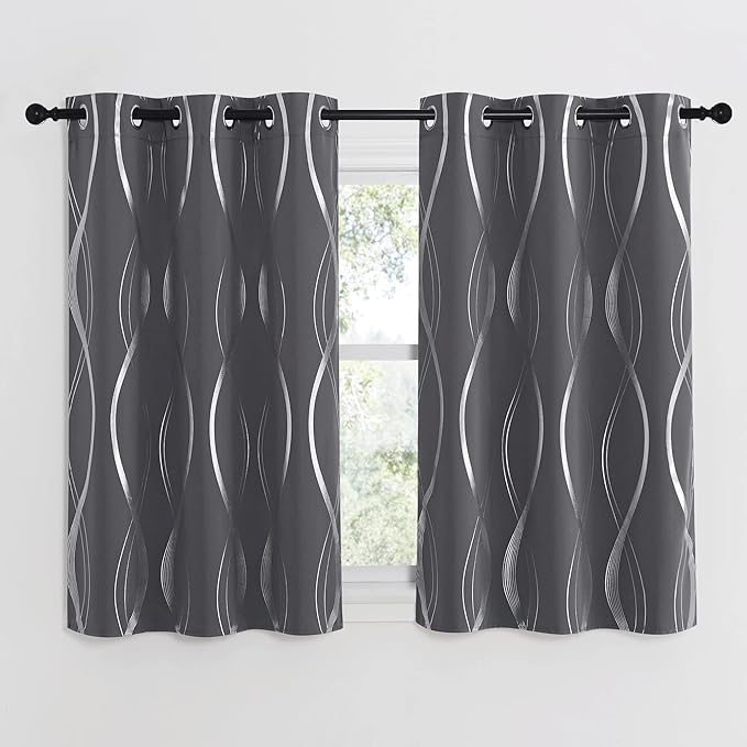 NICETOWN Bedroom Small Blackout Curtain Panels, Set of 2, 42 by 48 Inch,Grey, Window Treatment Thermal Insulated Solid Grommet Blackout Wave Line Foil Print Design Curtains for Kitchen, Cafe, Loft