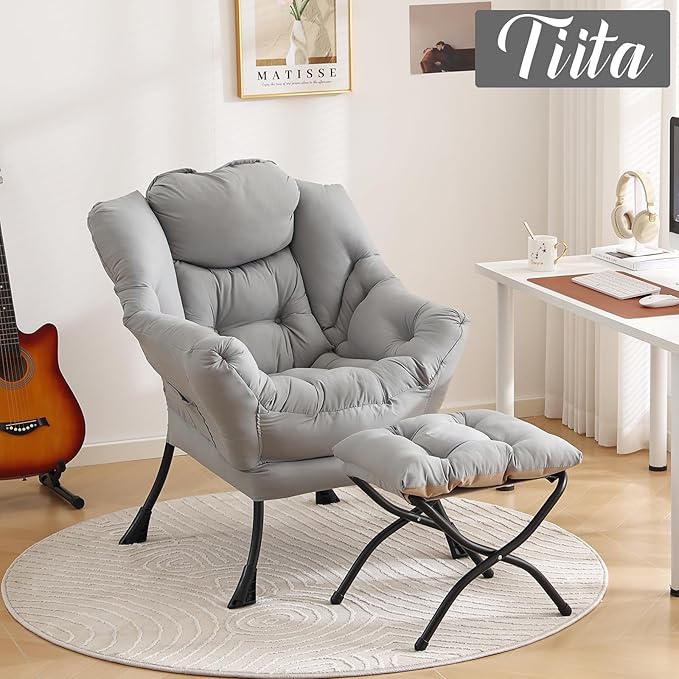 Tiita Lazy Chair with Ottoman, Light Grey Modern Large Accent Chair, Comfy Leisure Sofa Armchair with Ottoman, Reading Chair with Footrest for Bedroom, Living Room, Dorm Rooms, Light Grey