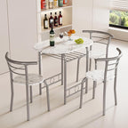 JUMMICO 3-Piece Wooden Round Table & Chair Set, Space Saving Kitchen Breakfast Nook Wood Grain Tabletop with Metal Frame and Built-in Wine Rack for Kitchen, Dining Room (White/Silver)