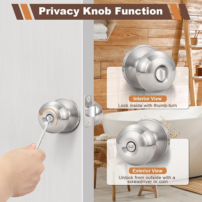 Estmoon 6 Pack Brushed Nickel Door Knobs, Privacy Door Lock Silver Keyless Door Handle with Lock for Bathroom Bedroom, Keyless Door Hardware
