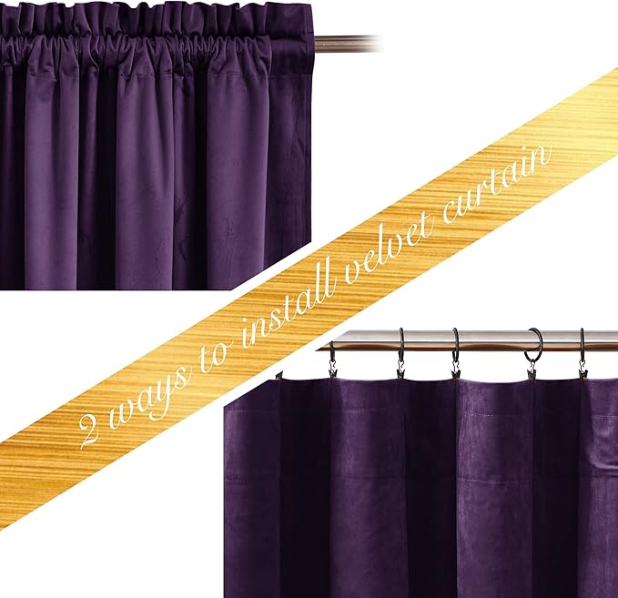 NICETOWN Purple Velvet Curtains 63 inches for Bedroom, Sound Reducing Heavy-Duty Solid Rod Pocket Light Blocking Drapes/Panels for Kitchen (Navy Blue, 2 Panels, 52 inches Wide Each Panel)