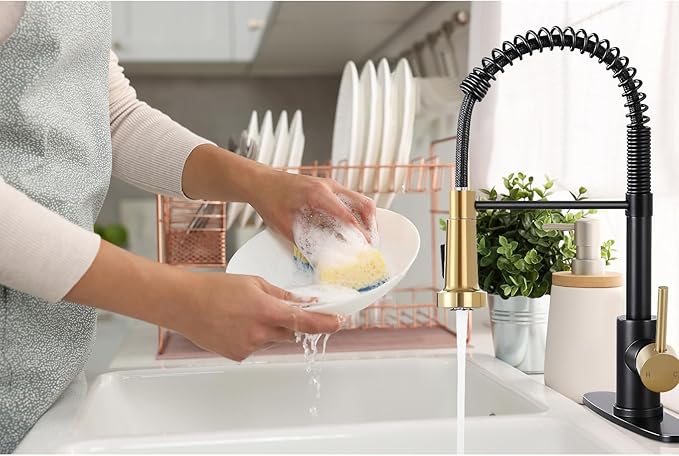 DJS Kitchen Faucets with Pull Down Sprayer Matte Black & Brushed Gold High Arc Single Handle 1 or 3 Holes Spring Kitchen Sink Faucet with Deck Plate for Farmhouse RV Vessel Basin