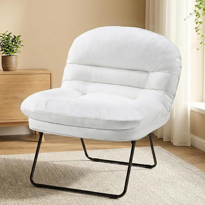 DUMOS Comfy Saucer Chair,PU Leather Foldable Chairs for Bedroom, Dorm & Gaming, Fashion Floor Chair with Back Support for Small Spaces, New White