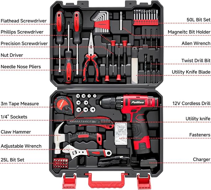PULITUO 148-Piece Home Drill Set with 12V Red Cordless Drill, Hand Tools, Tool Box, Ideal for Men, Women, and DIY Enthusiasts for Home Improvement.