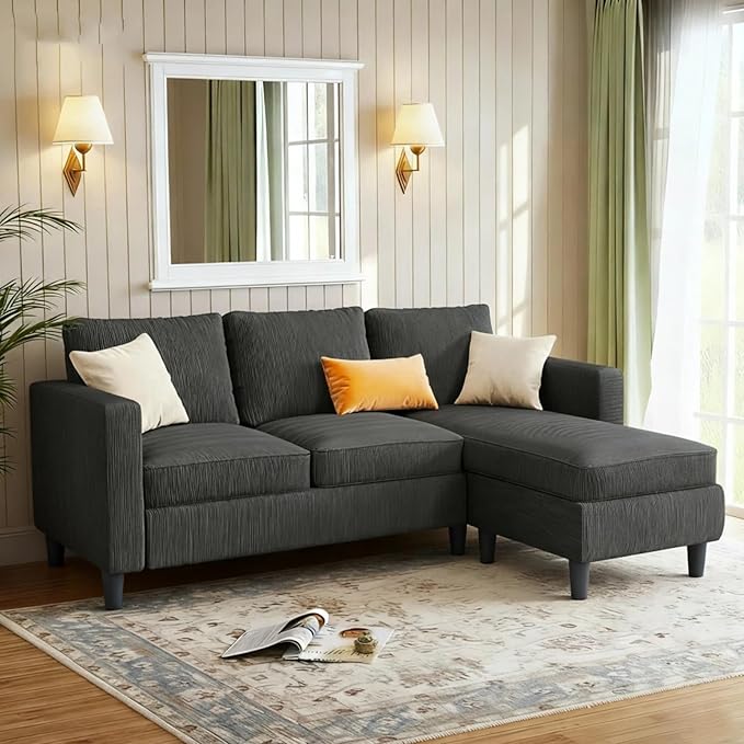 JAMFLY 3-Seat Convertible L-Shaped Sectional Sofa with Reversible Ottoman, Upholstered Fabric Couch for Small Living Rooms, Modern Modular Couch for Apartment, Studio & Loft, Grey