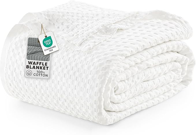 Utopia Bedding White 100% Cotton Waffle Blanket 300 GSM [Queen - 90x90 Inch] Soft Lightweight Breathable Bed Blanket for All Season