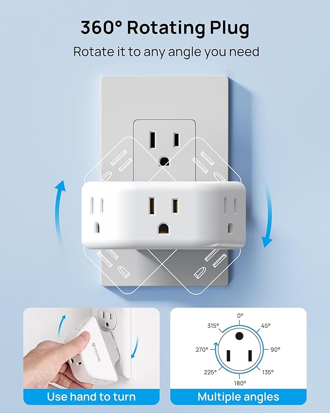 TROND 360 Rotating Plug Outlet Extender 2 Pack, 3 Way Angled Wall Outlet Adapter, Small Multiple Plug Splitter for Bathroom Kitchen Cruise Ship Travel Essentials, White
