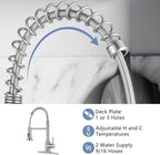 DJS Kitchen Faucets with Pull Down Sprayer Brushed Nickel High Arc Single Handle 1 or 3 Holes Spring Kitchen Sink Faucet with Deck Plate for Farmhouse RV Vessel Basin