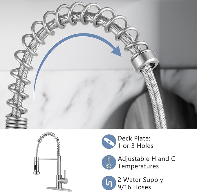 DJS Kitchen Faucets with Pull Down Sprayer Brushed Nickel High Arc Single Handle 1 or 3 Holes Spring Kitchen Sink Faucet with Deck Plate for Farmhouse RV Vessel Basin