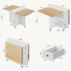 Space Saving Folding Dining Table for 4, Farmhouse Foldable Dining Table with Drawer and Storage Shelf, 6 Wheels Multipose Expandable Kitchen Drop Leaf Table for Small Space (Pear Wood White)