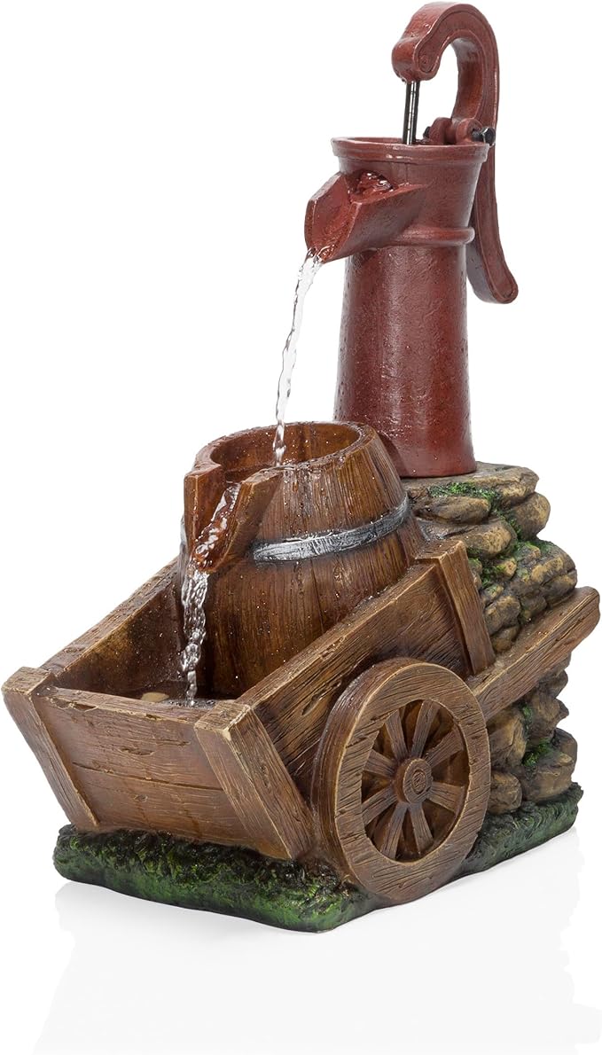 Alpine Corporation ZEN276S Outdoor Vintage Water Pump and Wheelbarrow Floor Fountain - Calming Water Flow, 23 Inch Tall, Brown