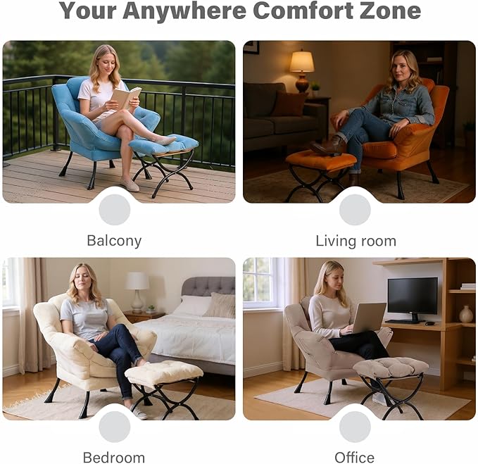 Tiita Lazy Chair with Ottoman, Beige Modern Large Accent Chair, Comfy Leisure Sofa Armchair with Ottoman, Reading Chair with Footrest for Bedroom, Living Room, Dorm Rooms, Velvet Beige