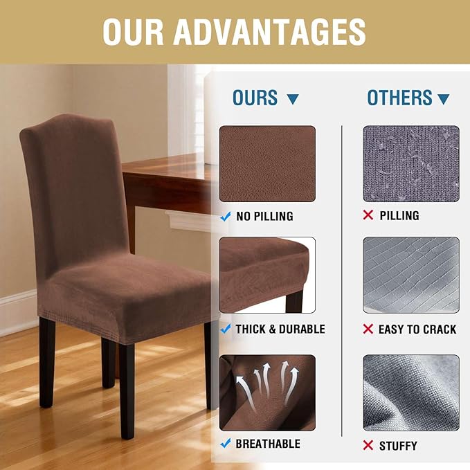 H.VERSAILTEX Velvet Dining Chair Covers Stretch Chair Covers for Dining Room Set of 6 Parson Chair Slipcovers Chair Protectors Covers Dining, Soft Thick Solid Velvet Fabric Washable, Caramel Cafe