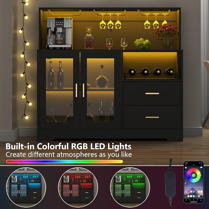 Bar Cabinet for Home with LED Light, Coffee Bar Cabinet with Wine & Glass Rack, Wine Cabinets with Drawers & Microwave Stand, Modern Liquor Cabinets for Kitchen, Living Room, Dining Room (Black)