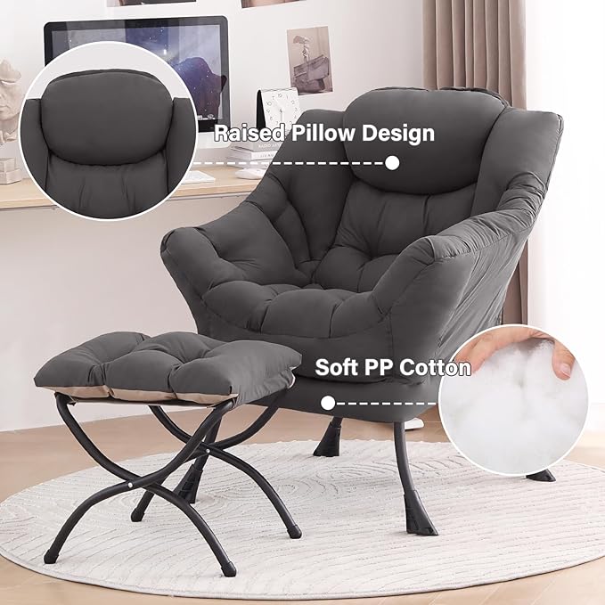 Tiita Lazy Chair with Ottoman, Gray Modern Large Accent Chair, Comfy Leisure Sofa Armchair with Ottoman, Reading Chair with Footrest for Bedroom, Living Room, Dorm Rooms, Garden Dark Grey